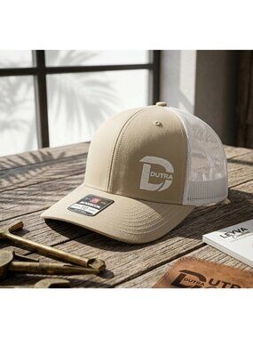 Richardson 112 Original Adjustable Tan & White Trucker Hat With Dutra Logo Embro